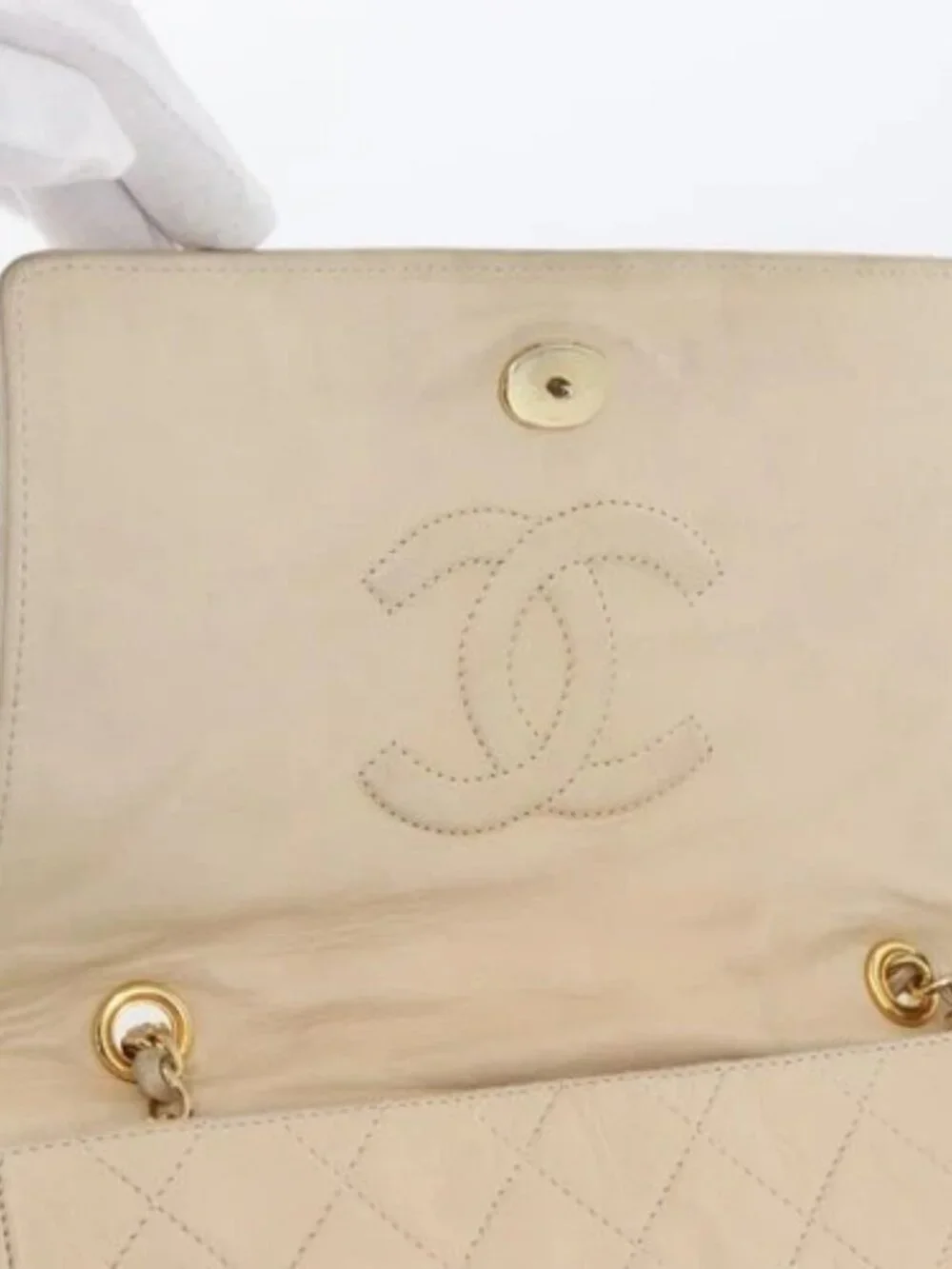 CHANEL Matelasse Chain Shoulder Bag Lamb Skin Beige Gold CC Auth BA10672